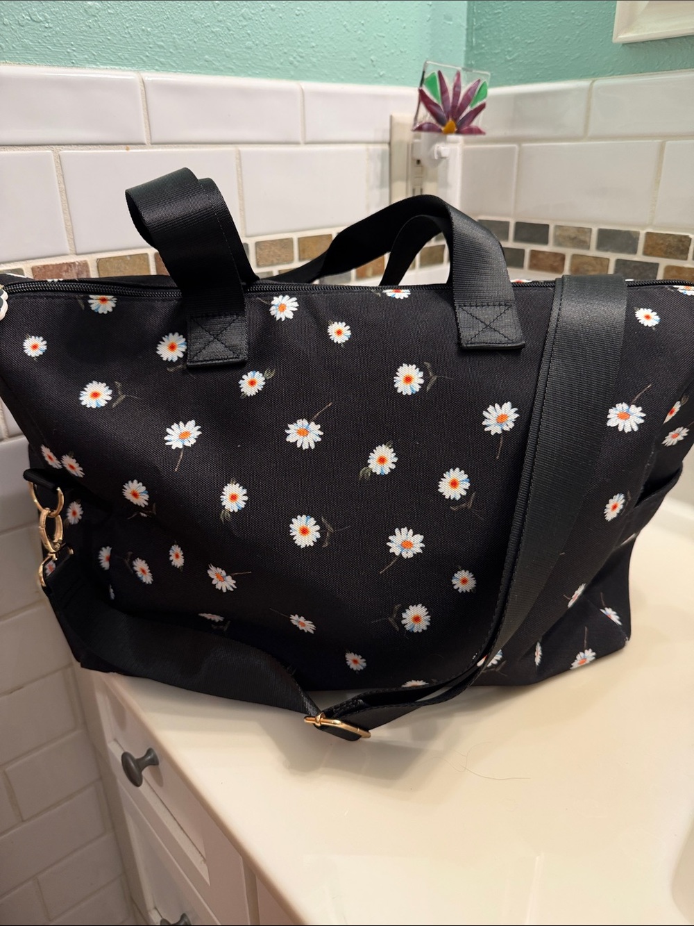 Alice + Olivia Black Daisy-Print Tote with Adjustable Strap